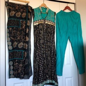 Or link turquoise and black gold Pakistani outfit